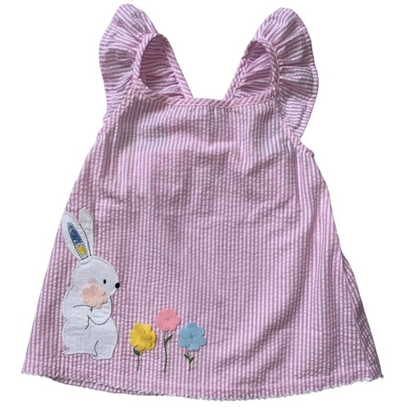 Mud Pie 12-18m NWOT pink seersucker Easter Bunny Rabbit applique floral flutter - Picture 1 of 3